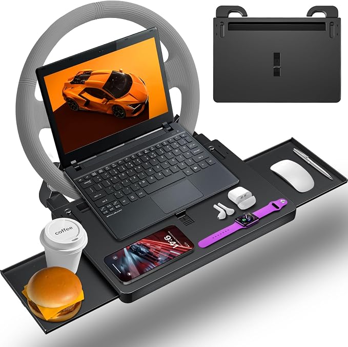 Steering Wheel Tray, Car Food Tray, Car Desk for Laptop, Multipurpose Car Table for Eating & Work, Adjustable Car Tray with Drawer and Anti-Slip Protective Adhesive by APEXNOS