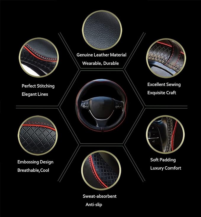 Car Steering Wheel Cover, Anti-Slip, Safety, Soft, Breathable, Heavy Duty, Thick, Full Surround, Sports Style (Black with Red line) - Image 5