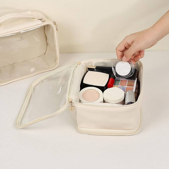 Clear Makeup Bag,Double Layer Large Cosmetic Bag with Makeup Brush Bag,TSA Approved Toiletry Bag Makeup Case Car Accessories Travel Essentials Organizers for Women,Begie - Image 4