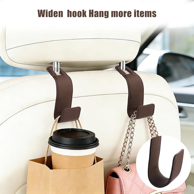 2-Pack Car Headrest Hooks, 1.1-Inch Wide Purse Hangers, Brown | Microfiber leather hooks with built-in metal cores keep purses, groceries and backpacks organized and within reach - Image 3