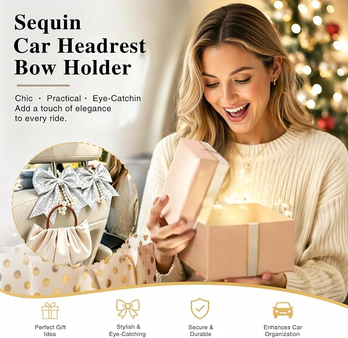 2 Pack Pearl Car Seat Headrest Hook with Bow & Sequin/Leopard/Polka Dot Design – Cute Purse Hanger for Vehicle,Grocery Bags, Umbrellas, Seat Back Organizer for Women (Silver Sequins) - Image 7