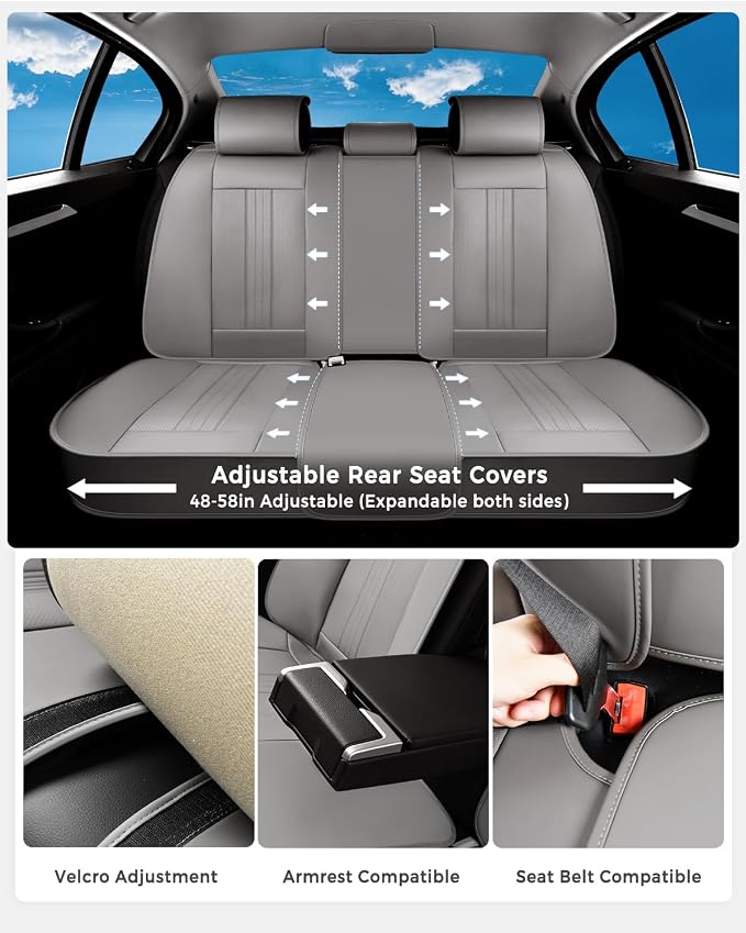 Huidasource Gray Seat Covers, Luxury Faux Leather Car Seat Cover, Velcro Adjustable, with Airbags, Seat Belts, Thinning Design Perforation Cooling＆Heating, Fit for Most Cars, Vans, Trucks, SUVs, Gray - Image 3