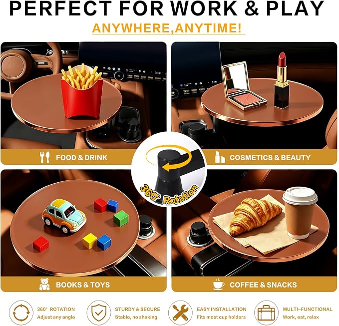 Car Tray Table & Car Desk for Laptop, Dual 360° Rotating Cup Holder Tray, Anti-Slip Leather-Textured Car Food Tray for Eating, Working & Makeup, Compatible with Tesla Model Y/3/S & Most Vehicles - Image 2