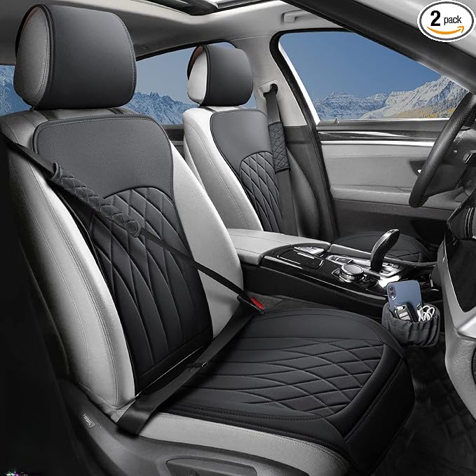 BEITK 2 Pack Waterproof Front Car Seat Covers for Car Truck SUV Black | PU Leather, Scratch-resistant, Sideless Design, Universal Fit, with Storage Pockets and Seat Belt Pads, Easy to Install by BEITK