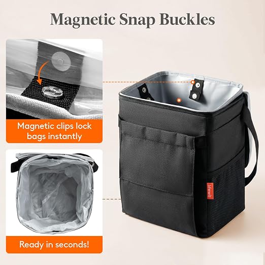 Lifewit Car Trash Can with Lid, Garbage Bag Hanging, Trash Bin, 2 Gallon | Leakproof, Waterproof, Tissue Holder, Adjustable Straps, Magnetic Snaps, Automotive Interior Accessories, Black - Image 5