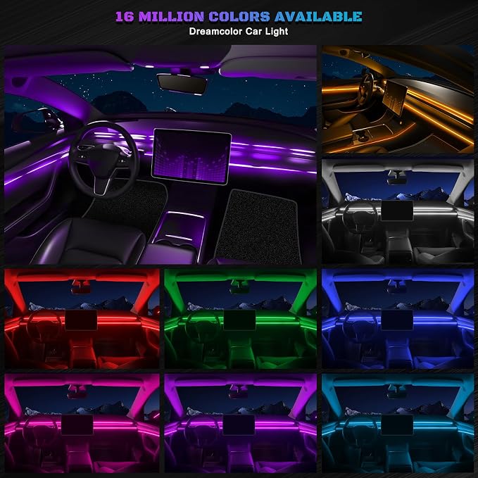 RGB Acrylic Interior Car LED Strip Light with Wireless APP, Car Accessories 6 in 1 with 175 inches 593 LEDs Fiber Optic Ambient Lighting Kits, Dynamic Music Sync Neon LED Strip Light for Car - Image 3