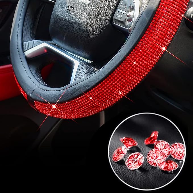 ChuLian New Diamond Leather Steering Wheel Cover with Bling Crystal | Universal Fit 15 Inch Car Wheel Protector for Women Girls with Bling Rhinestones Red Diamond - Image 5