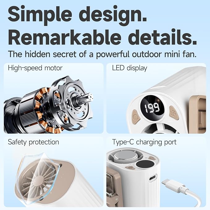 Foluu 199 Speeds Portable Clip Fan with LED Display, 18000RPM Turbo Cooling Personal Fan for Car, Desk, Umbrella, Waist, 360°Rotatable Rechargeable Mini Fan for Outdoor Camping Hiking (White) - Image 3