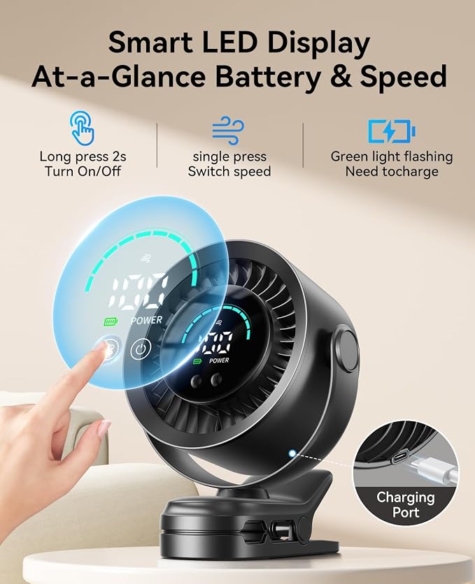KIMMOO Portable Clip on Fan, 100-Speed Rechargeable USB Fan with LED Display, 360° Rotation & Strong Airflow Desk Fan, Up to 17 Hours Small Battery Fan for Outdoor Travel Camping Treadmill Car (Black) - Image 6
