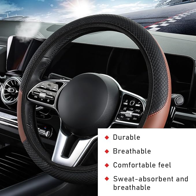 povtii Car Steering Wheel Cover, 15 Inch Leather Breathable Auto Steering Wheel Protector, Comfortable Non-Slip Vehicle Steering Wheel Covers, Universal Interior Car Accessories (Black+Coffee, AD) - Image 4