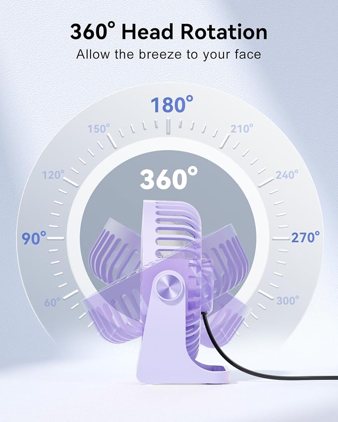 Edvision USB Desk Fan, 5 Inch Small Portable, 3 Speeds Powerful Wind Mini Personal Desktop Fan 360° Rotation Adjustable, Plug In USB Fan Quiet for Table Home Office Travel Car(Purple) - Image 3