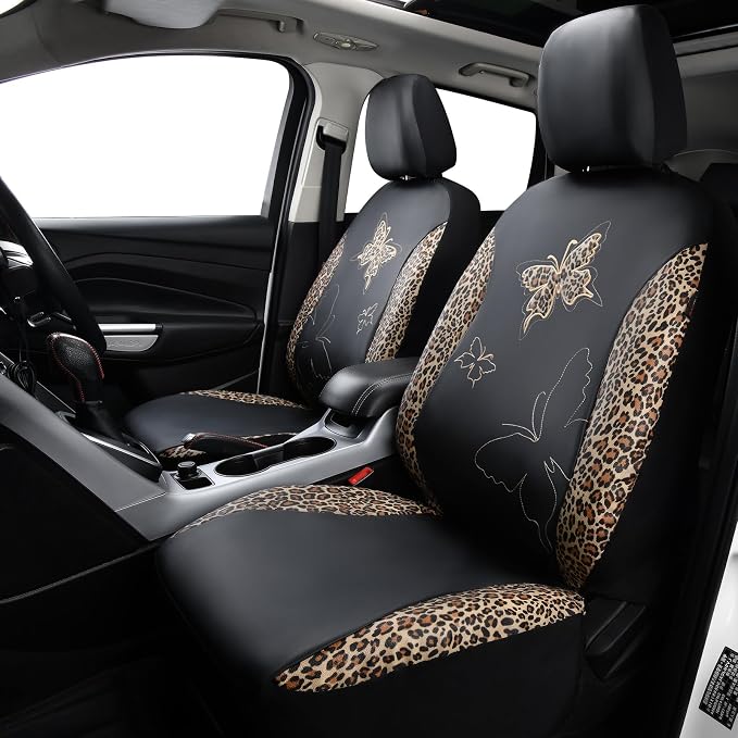 Flying Banner Butterfly car seat Covers ful Set Fashion Universal Lady Woman Female Rear Bench Split Colorized (Full Set - Faux Leather, Leopard Brown) - Image 2