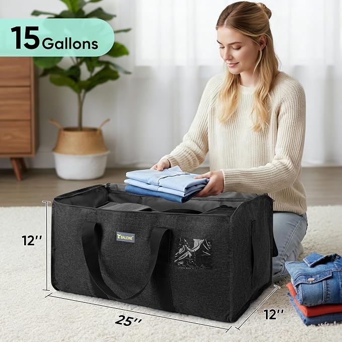 BALEINE Extra Large Storage Tote with Zippers & Carrying Handles, Heavy-Duty Oxford Fabric Moving Bags for Laundry, Space Saving, Storage, 2-Pack, Charcoal Black - Image 3