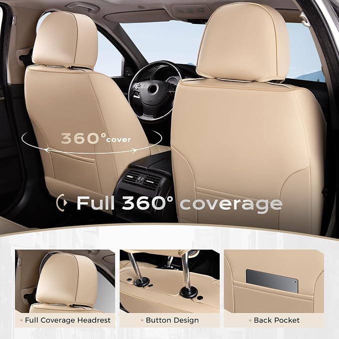Coverado Car Seat Covers Front, Seat Covers for Cars, Waterproof 2-Pack Car Seat Cushions, Leather Carseat Seat Protectors, Universal Seat Covers Fit for Most Sedans SUV Pick-up Trucks(Beige&Coffee) - Image 3
