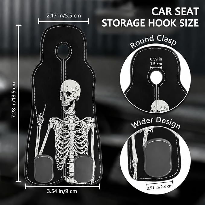Cute Skull Skeleton Car Seat Back Storage Headrest Hooks for Purses & Bags – 2PCS PU Leather Dual Metal Hooks, Backseat Organizer Accessories - Image 2