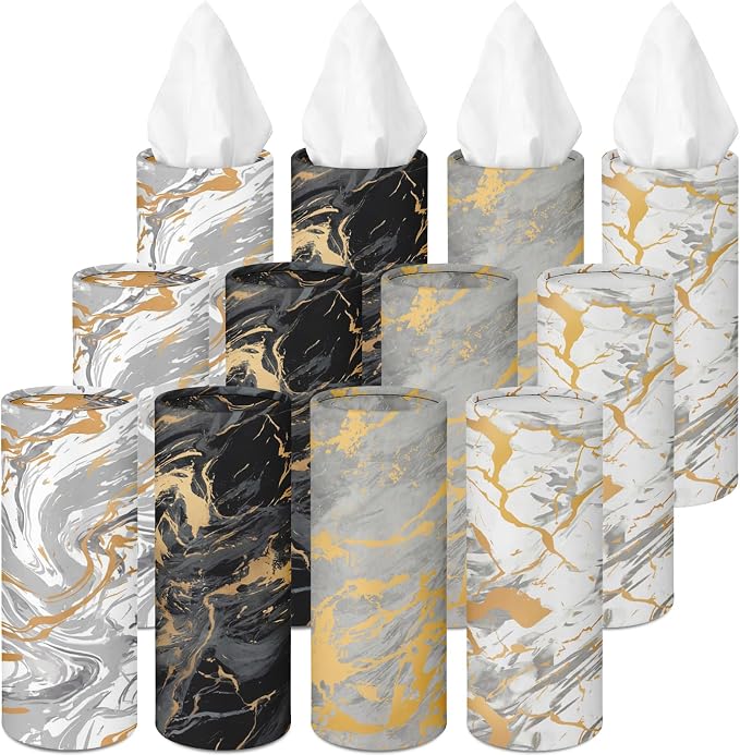 Arttown Car Tissue Holder for Cup Holder Facial Tissues 12 Pack Marble | Modern Bulk 3-Ply,Refillable Marble Print Cylinder Tissue Boxes,Fit Car Home Office School (600 Sheets Total,50 Sheets Each) by Arttown