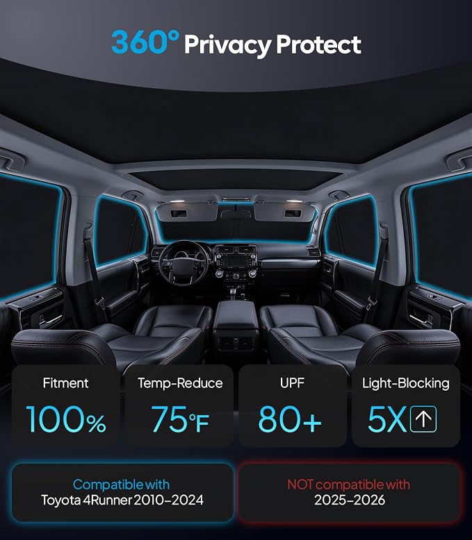 Wigoo 2026 8PC Full Set Window Sunshade for Toyota 4Runner 2010-2024 | 7-Layer Cooler & Blacker, Ice-Crystal Tech, Full Set Shades With Windshield for Sun Block, Camping Accessories - Image 2