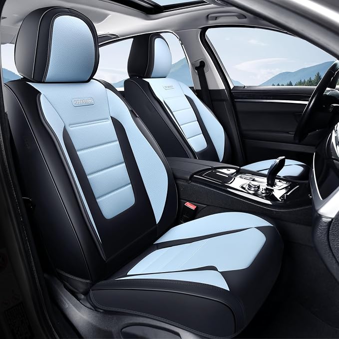 Coverado Car Seat Covers Front, Seat Covers for Cars, Waterproof 2-Pack Car Seat Cushions, Leather Carseat Seat Protectors, Universal Seat Covers Fit for Most Sedans Pick-up Trucks(Black&Light Blue) by COVERADOAUTO