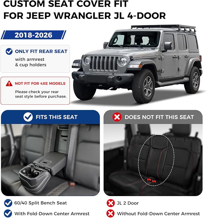Coverado Seat Covers Fullset for Jeep Wrangler, Waterproof Car Seat Covers for Automotive Truck Seat Covers Custom Fit for 2018-2026 Jeep Wrangler JL 4-Door with Rear Cupholder Only，Black - Image 2