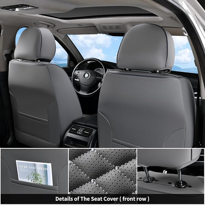 Coverado Car Seat Covers Full Set, Nappa Leather Seat Covers for Cars, 5 Seats Universal Waterproof Seat Covers, Front and Back Car Seat Protector, Automotive Seat Covers Fit for Most Cars, Gray - Image 4