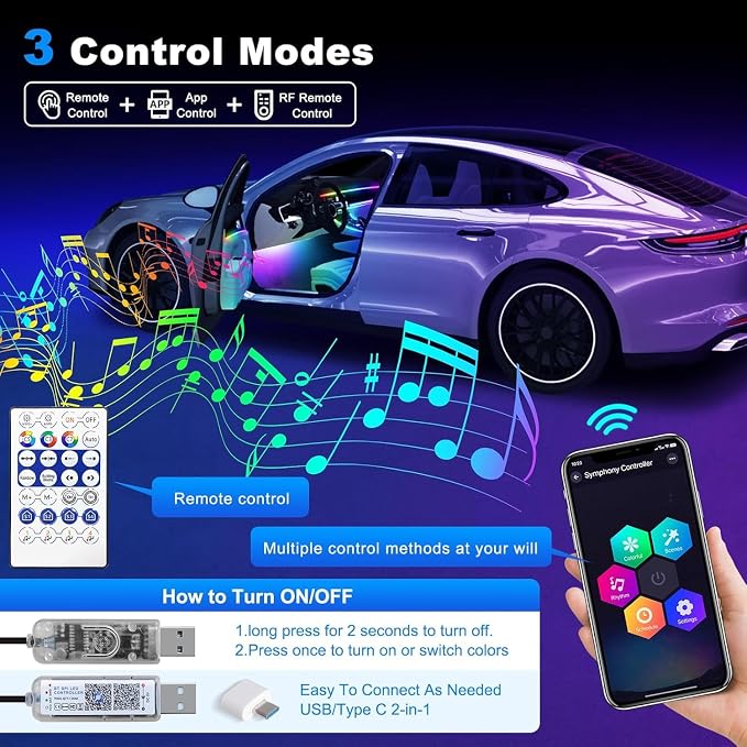 Dreamcolor Acrylic Interior Car LED Strip Light with USB/Type C/4-Port Cigarette Lighter, RGB 2 in 1 with 110.2 inches LEDs Ambient Lighting Kits, Sound Active Function Neon Led Strips for Car - Image 4