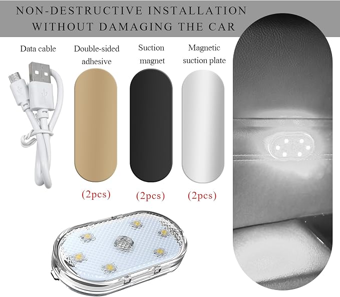 Wevdn 2 PCS Car LED Lights Interior Wireless, Magnetic Car Ambient Lighting with 6 Bright LED Lamp Beads, Portable USB Rechargeable Vehicle Interior Led Night Light for Car (White) - Image 3