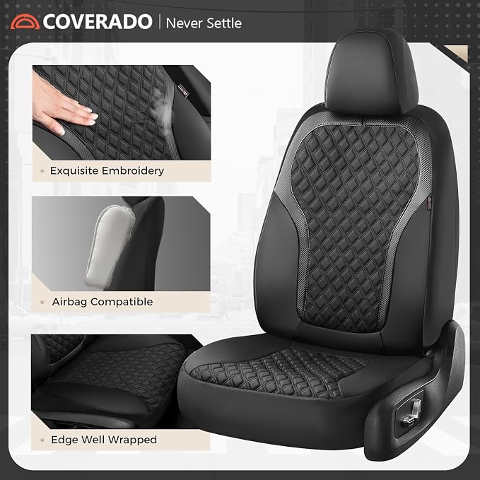 Coverado Front Seat Covers, 2-Pack Luxury Diamond Leather Car Seat Cover with Carbon Fibre Weave, Spill-Proof Driver Car Seat Protectors, Waterproof Seat Covers Universal Fit for Most Cars, Black - Image 3