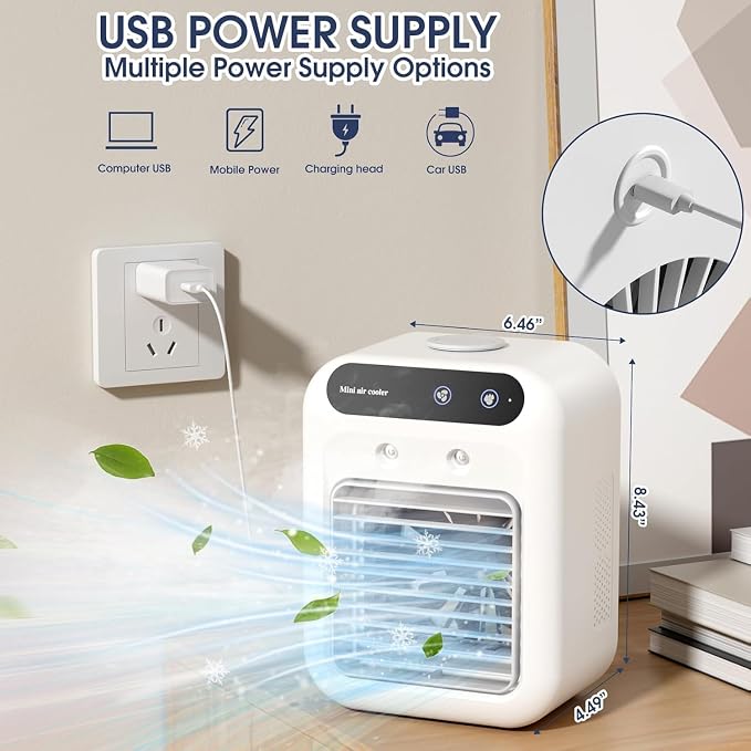 Portable Air Conditioners, 25W Rechargeable Mini Portable Car AC | 2 Cool Air Spray, Personal Cooling Fan with 2 Speeds, Small Room Air Conditioners for Bedroom, Office, Outdoor - Image 3