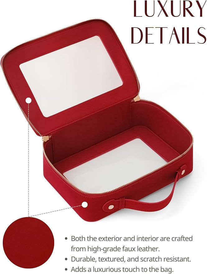 Clear Toiletry Bag 2 Pack, Travel Makeup Bag Medium and Large Red | Structured Clear Cosmetic Case with Zipper, Car Essential Organizer Bag for Women, Waterproof PU Leather, Wide Open Portable - Image 6