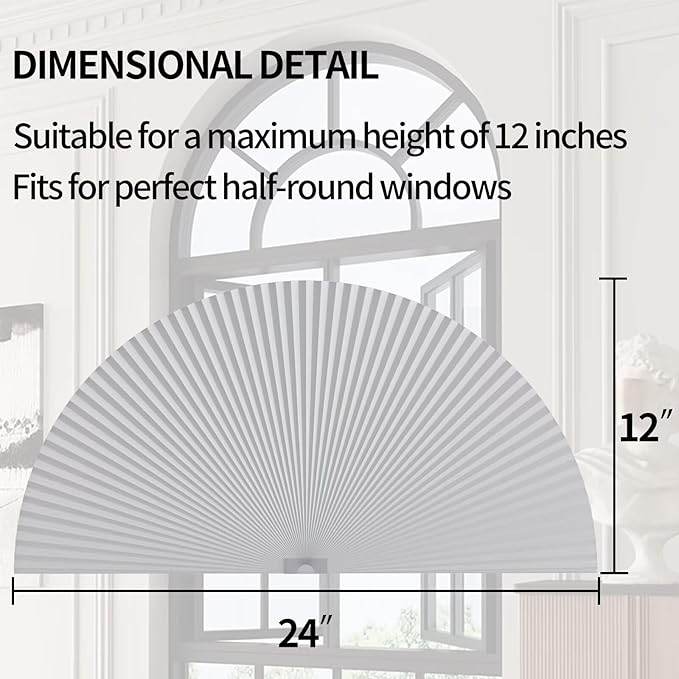 Myshade Arch Window Shades Half Circle Blackout Cellular Shades Cordless No Drill Blinds for Windows Half Moon Honeycomb Fabric No Tools Room Darkening Shades Easy Install (1PCS White 24" W X 12" H) - Image 3
