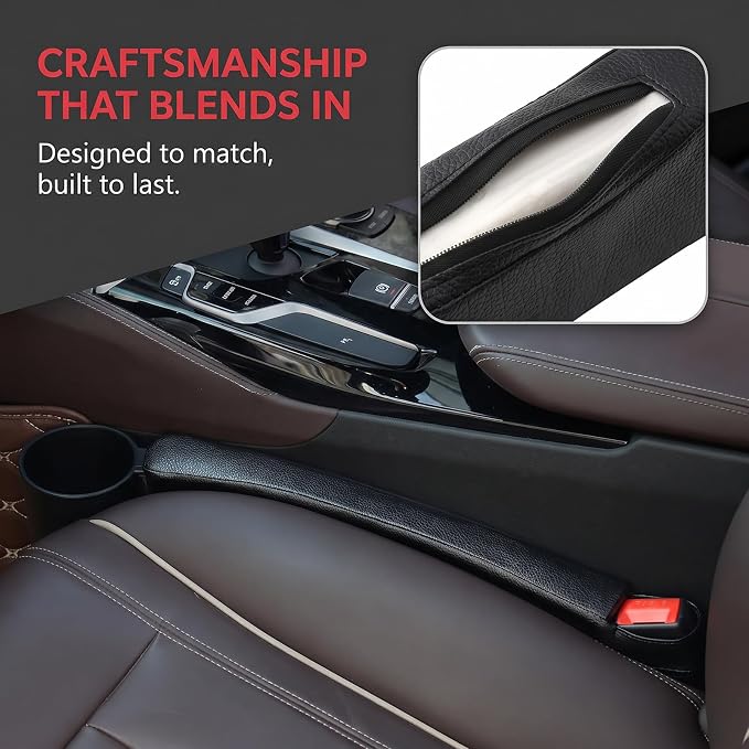 Tumecos Car Seat Gap Filler Pad PU Leather Console Side Pocket Organizer with One Cup Holder for Cellphone Wallet Coin Key 2 Pcs (Black+Red Surface) - Image 3