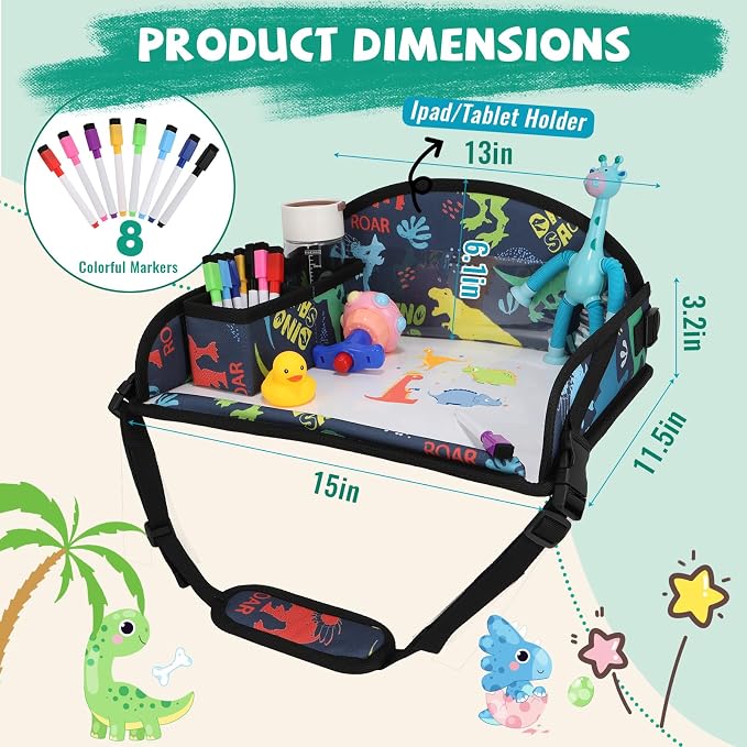 Kids Travel Tray for Airplane - Toddler Car Seat Table Tray, Road Trip Essentials for Boys & Girls, Carseat Lap Desk for Kids Road Trip Activities, Dinosaur - Image 5