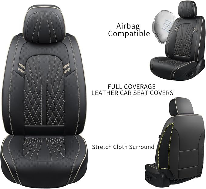 MINGBRON Leather Car Seat Covers 5 Pieces, Full Set Universal Seat Covers for Cars, Waterproof Nappa Leather Auto Seat Protectors, Black Car Seat Cover Most Sedans SUV Pick-up Truck Black&BeigeLine - Image 8