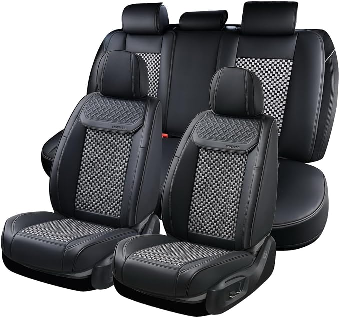 Coverado Leather Seat Covers for Car, Waterproof Car Seat Covers Full Set, 2 in 1 Conversions Car Seat Cover Protector Car Accessories Universal Fit for Most Cars SUVs and Trucks (Black&Gray) by COVERADOAUTO