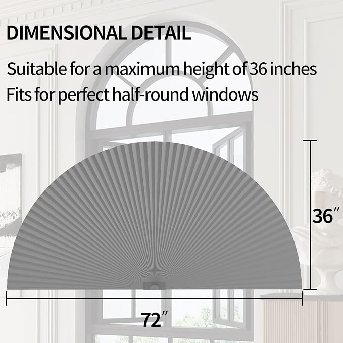 Myshade Arch Window Shades Half Circle Blackout Cellular Shades Cordless No Drill Blinds for Windows Half Moon Honeycomb Fabric No Tools Room Darkening Shades Easy Install (2PCS Grey 72" W X 36" H) - Image 3