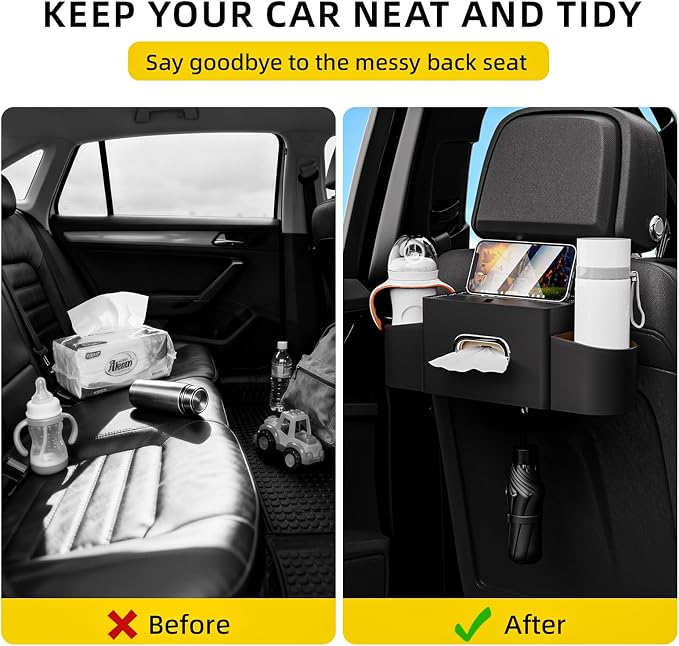 Back Seat Car Organizer with One Towel Leather Wood Materials (Black) | Tissue Box, 2 Drink Cup Holder, Phone Holder, Hook, Compatible with Most Vehicles - Image 3