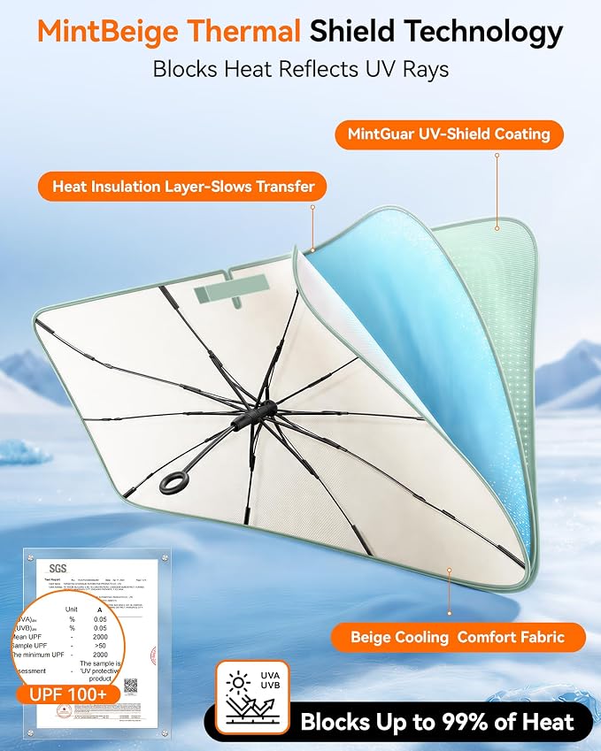 Windshield Sun Shade Umbrella, Large, Green and White, 99% UV Protection | Heat Insulation and Cooling, for Cars SUVs Trucks and Vans, Storage Bag Included, Flexible Fiberglass Ribs, for Daily Parking - Image 3
