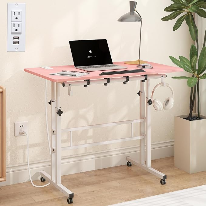 SIDUCAL Mobile Stand Up Desk with USB Ports and Outlets, Adjustable Laptop Desk on Wheels, Home Office Workstation, Rolling Laptop Cart for Standing or Sitting, 31.5" x 23.6"Pink by SIDUCAL