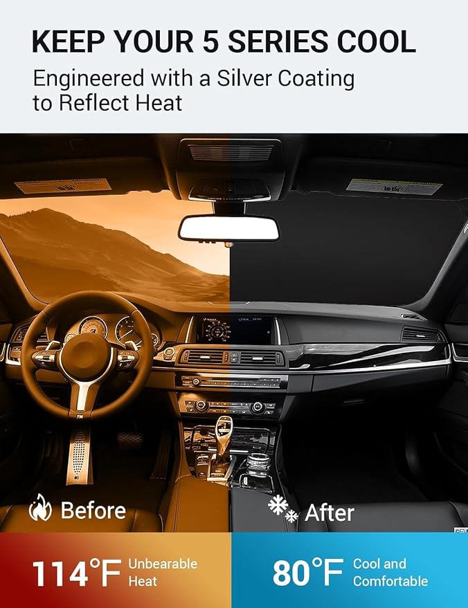 Proadsy Custom Fit 2011-2016 BMW 5 Series Windshield Sun Shade, Blocks Heat | 240T Heat Shield, Drops Temp 54°F, Blocks 99% UV, Prevents Dashboard Cracking, Summer Parking & Beach Trips, Easy Twist-Fold - Image 3