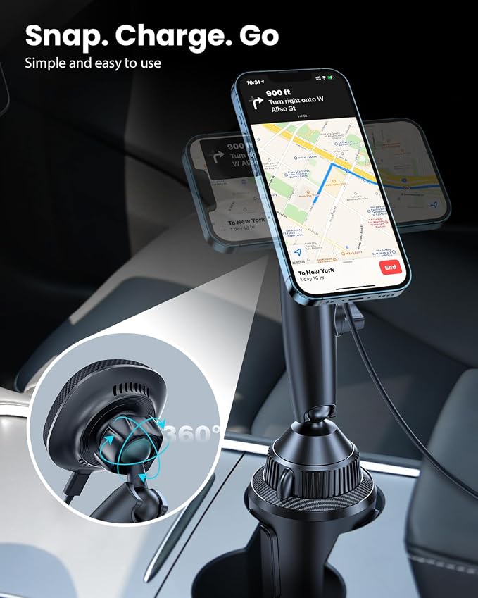 EXELIQ Cup Holder Phone Charger for Magsafe, Wireless Magnetic Car Mount | Heat Dissipation System, 15W Fast Charging Car Cup Phone Holder for iPhone 17 16 15 14 13 12 Pro Max Mini with PD 30W Adapter - Image 7