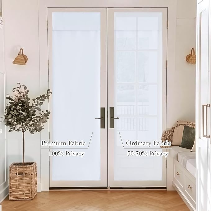 RYB HOME 100% Blackout Door Curtains, French Door Window Cover, Pure White | Self Adhesive, Privacy Glass Window Blind, Small Window Drape, Thermal Insulated, W30 x L40, 1 Panel - Image 2