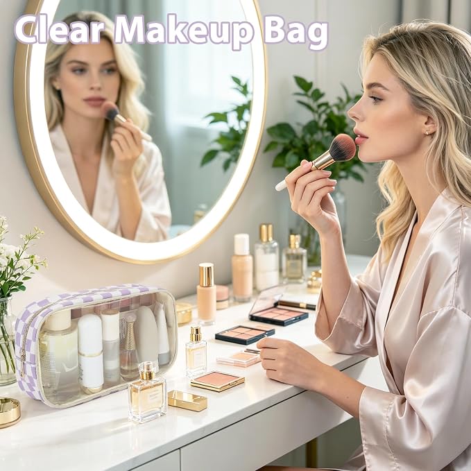 Fammart Clear Travel Makeup Bag for Women, TSA Approved Checkered Cosmetic Bag Make Up Car Organizer Case with Zipper, Large Waterproof Pouch Purse Toiletry Bag for Skincare, Brushes Travel Essentials - Image 5