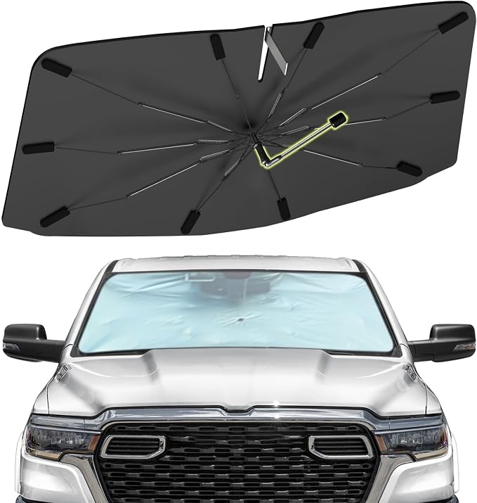 Windshield Sun Shade Umbrella for Dodge RAM 1500 2019-2025 Front Window | Foldable Sunshade with 360° Rotating Shaft, Custom Fit Car Shades for RAM 1500 Accessories with UV & Heat Protection by Visufy