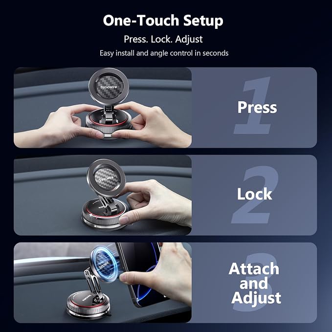 SYNCWIRE for MagSafe Car Mount [2-Axis Design] Nano Adhesive Gel + Suction Cup Magnetic Phone Holder for Dashboard & Windshield, 360° Adjustable for iPhone 17 16 15 14 13 12 11, Samsung, Carbon Fiber - Image 7