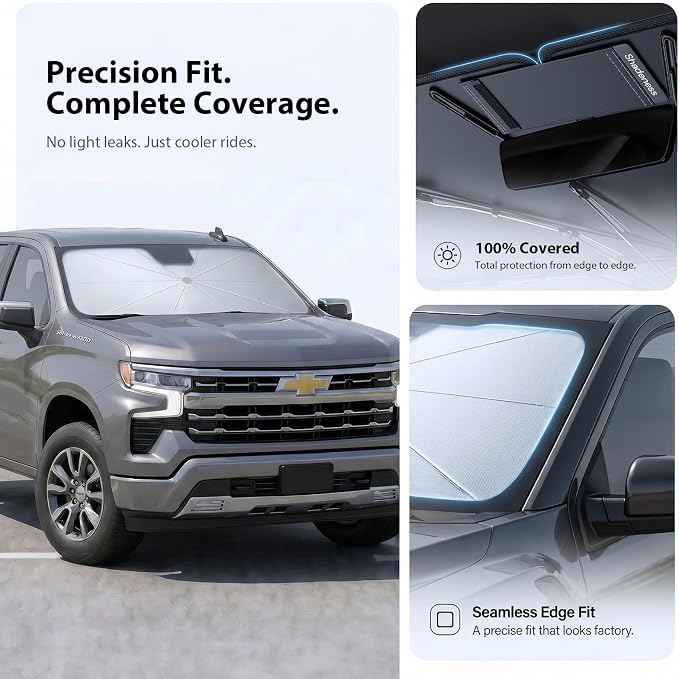 2026 Upgraded Windshield Sun Shade Umbrella for Ram 1500 [Precision Custom Fit, Superior UV & Heat Block] Cooling Tech Fabric, Durable Foldable with Storage Bag, Fits 2011-2025 - Image 6