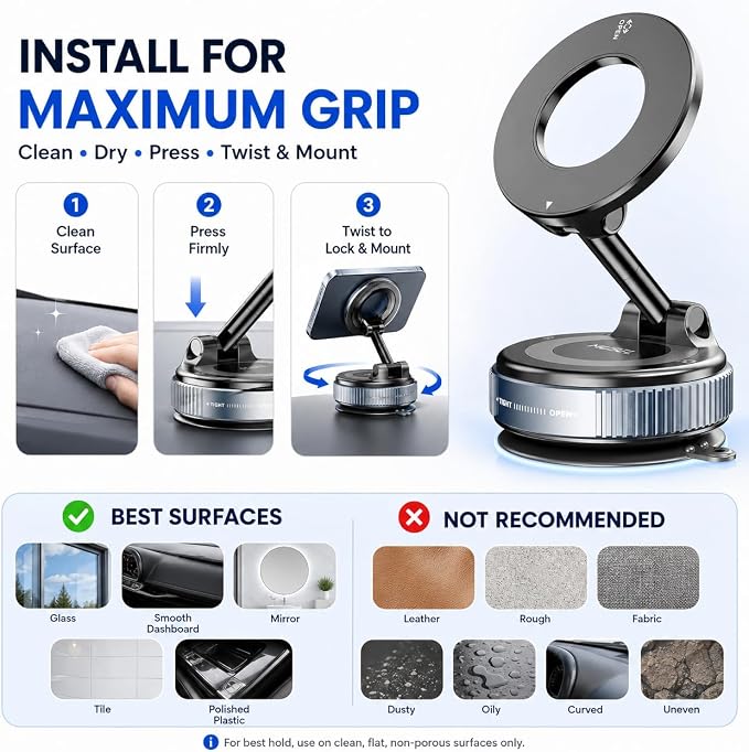 MUSEL Magnetic Car Phone Holder for MagSafe, Vacuum Mount for iPhone 17-12 | 88 lb suction hold, 2600 gf magnetic force, 22 N55 magnets, 360 degree rotation, bottom plate and ring included, dash mount - Image 8