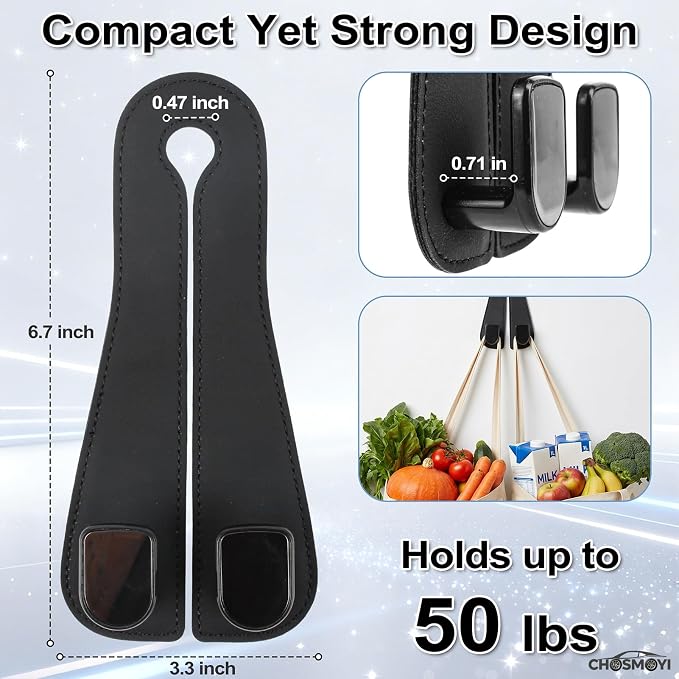 2 Pack Car Purse Hooks, Leather Car Headrest Hooks for Purses & Bags(Black) | Anti-Drop Design, Holds Up to 50 lbs, Grocery Bag Holder, Car Organizer, Seat Back Storage Hanger - Image 2