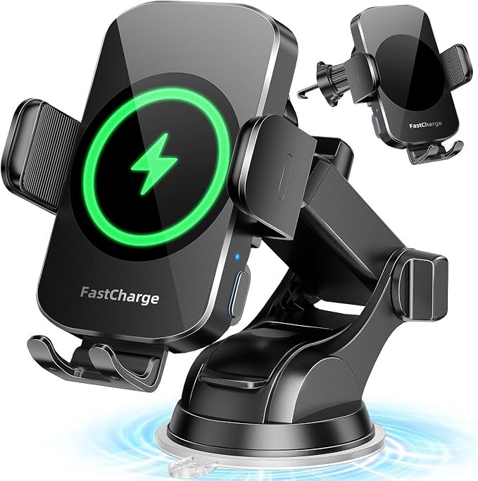 3-in-1 Wireless Car Charger Mount, 15W Fast Charging Auto-Clamping Phone Holder for iPhone 17 16 15 14, Samsung Galaxy S24 S23, Dashboard, Vent & Windshield Car Mount(Black) by BothLin