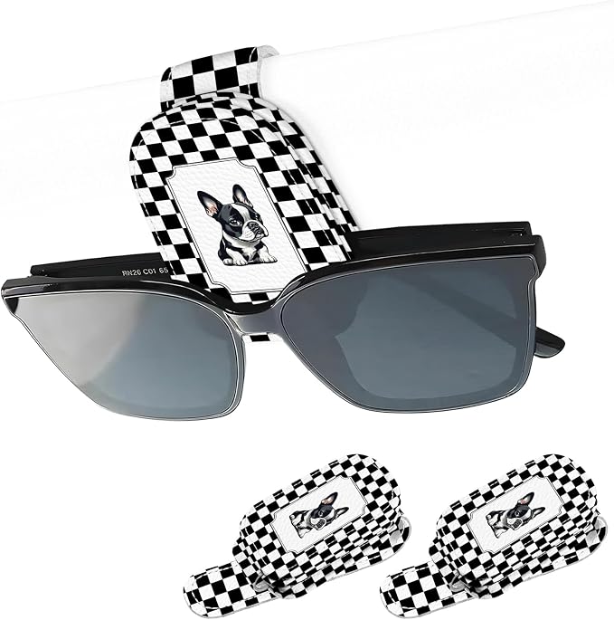 2 Pack Magnetic Leather Sunglass Holder, Universal Magnetic Car Eyeglass Hanger Clip for Different Size Eyeglasses, Car Visor Accessories (Checkered Dog) by Unknown