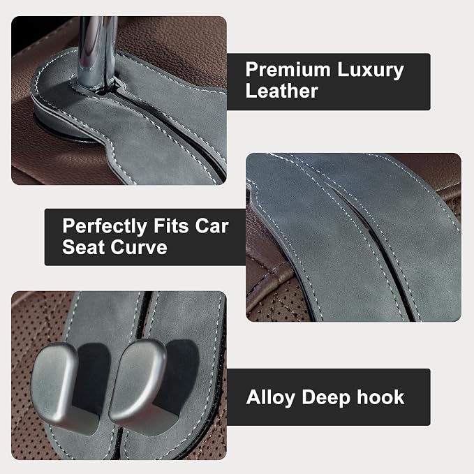 CoBak Purse Hook for Car - Universal Premium Stitched Leather and Aluminum-Magnesium Alloy Double Car Seat Back Storage Hook for Purses, Handbags, Bags (2 Pack),Gray - Image 3